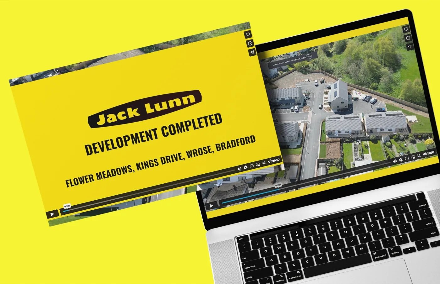 Halizona drone video of the completed Jack Lunn development at Flower Meadows, Wrose, Bradford, playing on a laptop